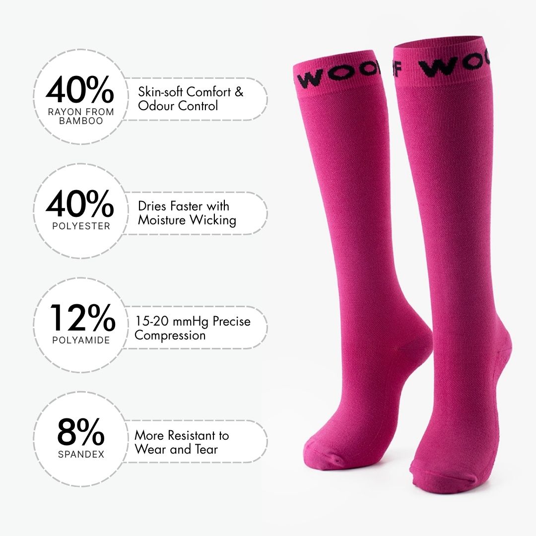 Infographic showing material percentages beside solid magenta pink knee-high compression socks.