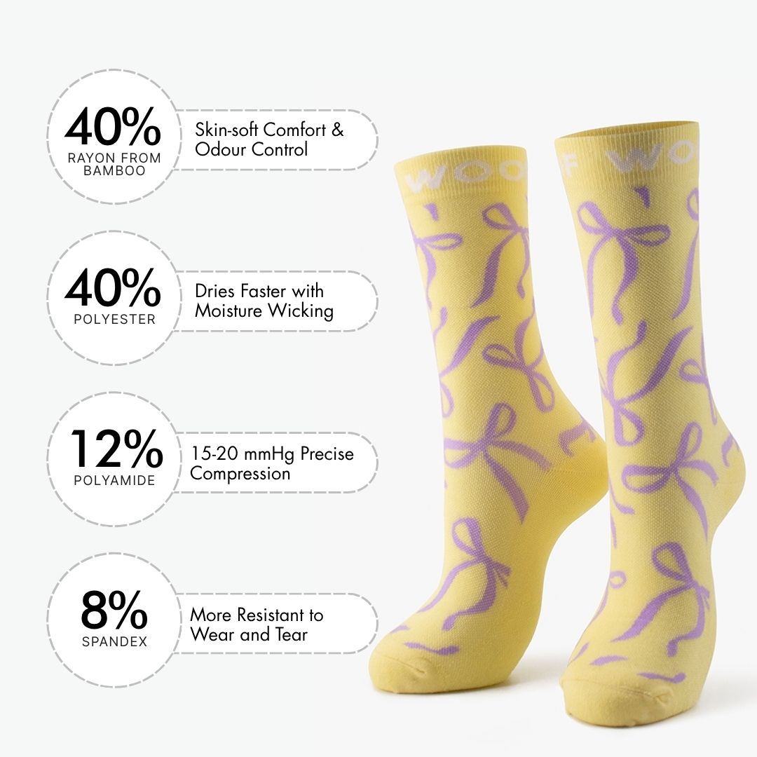Studio shot of the Bows Bamboo Crew Compression Socks accompanied by a material breakdown panel detailing the fabric mix: 40% bamboo viscose (breath comfort & odor control), 40% nylon (easy care & moisture wicking), 12% polyester (12-15mmHg precise compression), and 8% elastane (wear resistant to heel and toe).