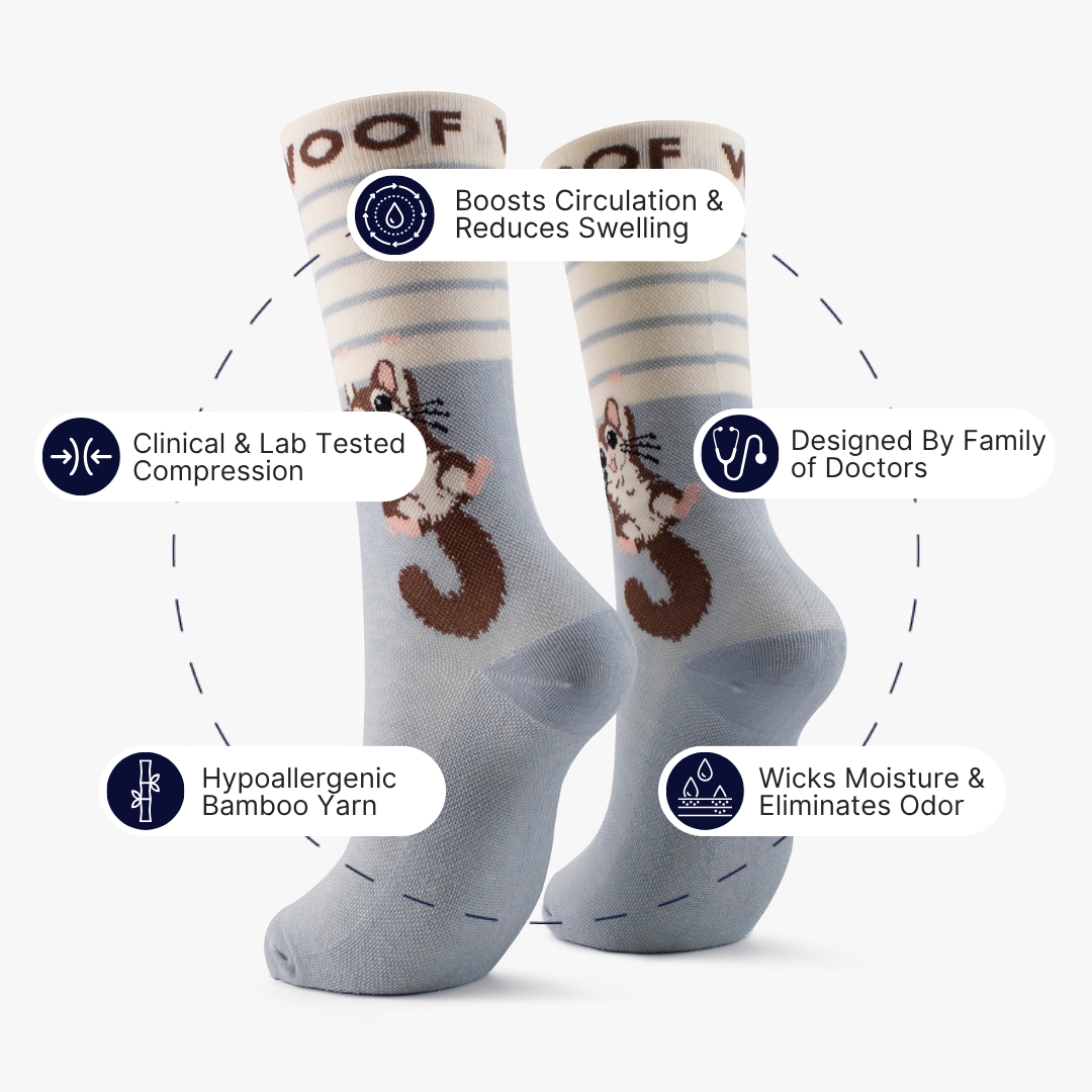 Infographic highlighting key features around blue bamboo crew compression socks with sugar glider design.